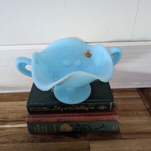 Vintage Fenton Satin Blue Double Handled Pedestal Dish